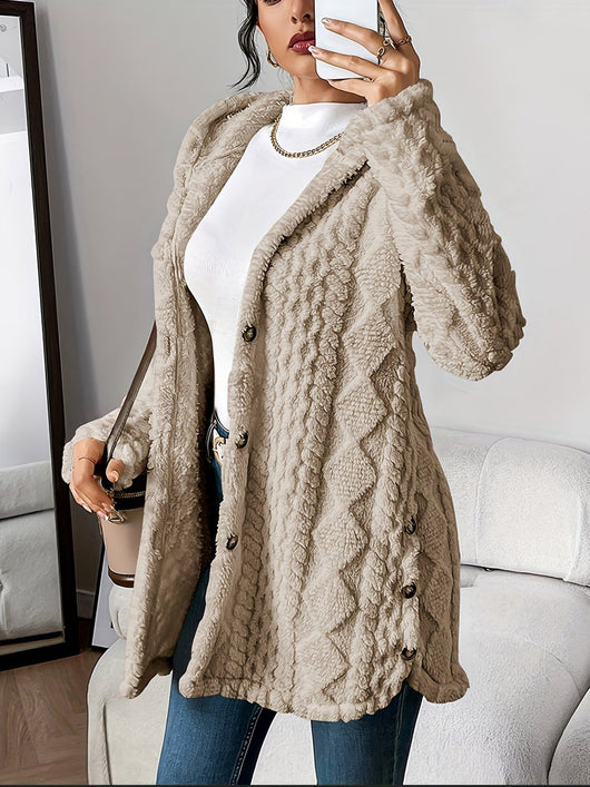 Annika | Damen Flauschiger Kapuzen-Cardigan Oversized Geknöpft
