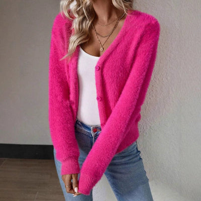 Marie | Damen Flauschiger V-Ausschnitt Strickjacke Cardigan mit Knopfleiste