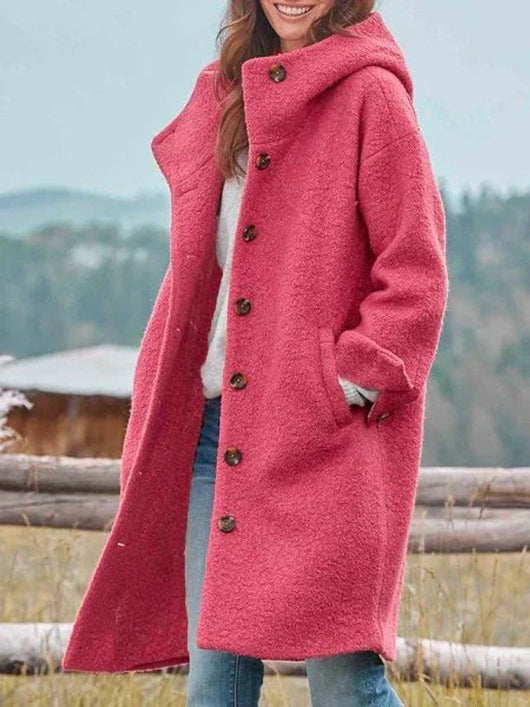 Hannah | Damen Fleece Mantel mit Kapuze Langarm Knopfleiste Women Coat