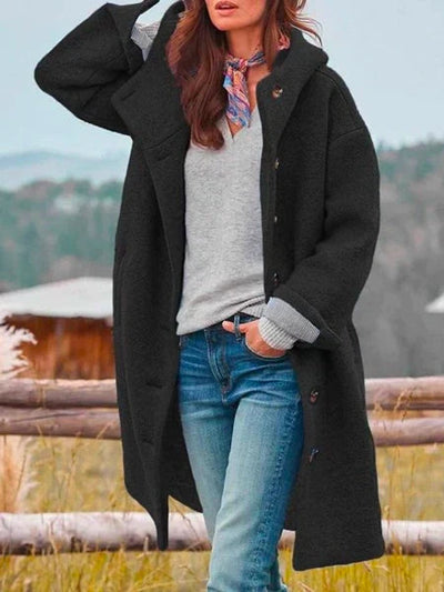 Hannah | Damen Fleece Mantel mit Kapuze Langarm Knopfleiste Women Coat