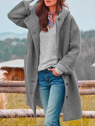 Hannah | Damen Fleece Mantel mit Kapuze Langarm Knopfleiste Women Coat