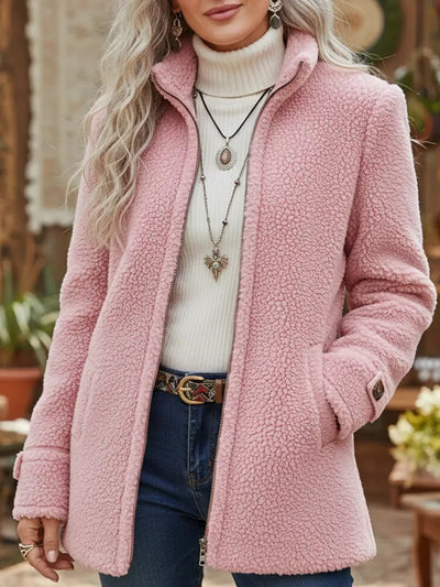Elfriede | Damen Fleece Women Coat Stehkragen Reißverschluss Lammwoll-Optik