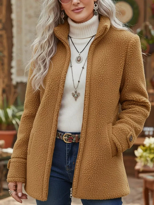 Elfriede | Damen Fleece Women Coat Stehkragen Reißverschluss Lammwoll-Optik