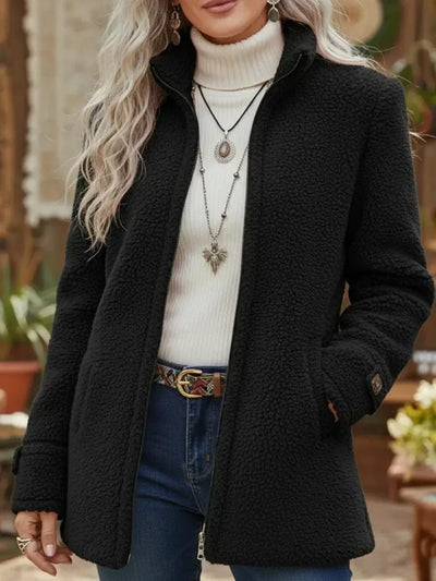 Elfriede | Damen Fleece Women Coat Stehkragen Reißverschluss Lammwoll-Optik