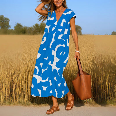 Elisabeth | Damen Fließendes Bedrucktes V-Ausschnitt Maxi Kleid