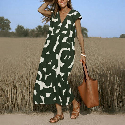 Elisabeth | Damen Fließendes Bedrucktes V-Ausschnitt Maxi Kleid