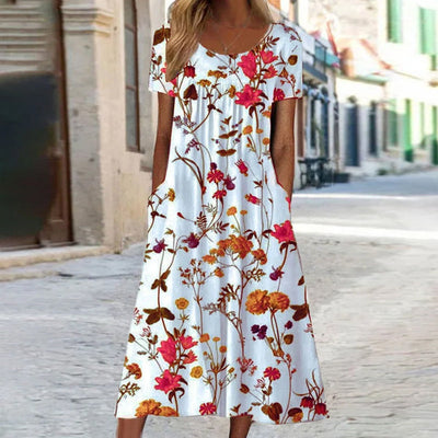 Leonie | Damen Florales Midi-Sommerkleid Kurzarm Bauchkaschierend