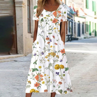 Leonie | Damen Florales Midi-Sommerkleid Kurzarm Bauchkaschierend