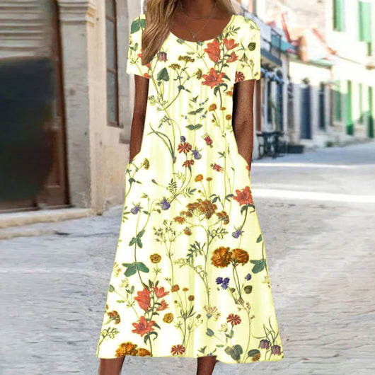 Leonie | Damen Florales Midi-Sommerkleid Kurzarm Bauchkaschierend