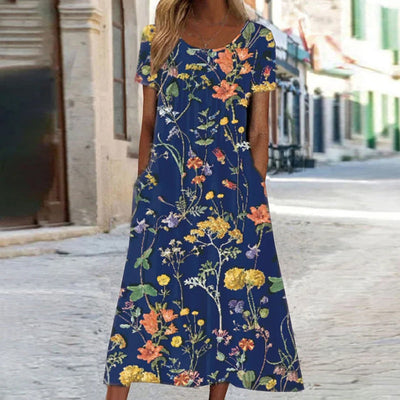 Leonie | Damen Florales Midi-Sommerkleid Kurzarm Bauchkaschierend
