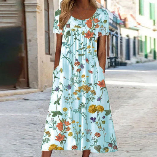Leonie | Damen Florales Midi-Sommerkleid Kurzarm Bauchkaschierend