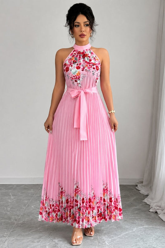 Emilia | Damen Geblümtes Plissee-Neckholder Midi-Kleid