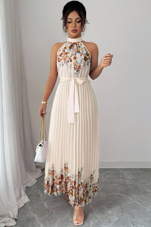 Emilia | Damen Geblümtes Plissee-Neckholder Midi-Kleid