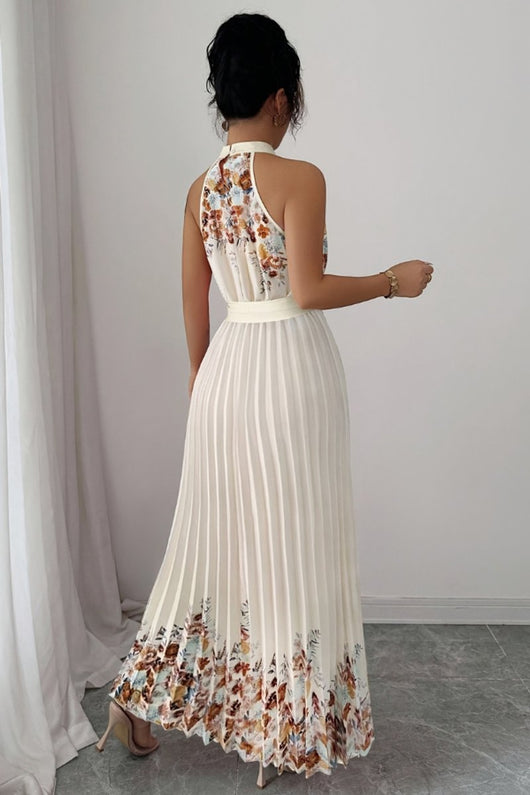Emilia | Damen Geblümtes Plissee-Neckholder Midi-Kleid