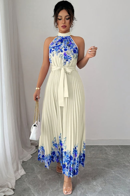 Emilia | Damen Geblümtes Plissee-Neckholder Midi-Kleid