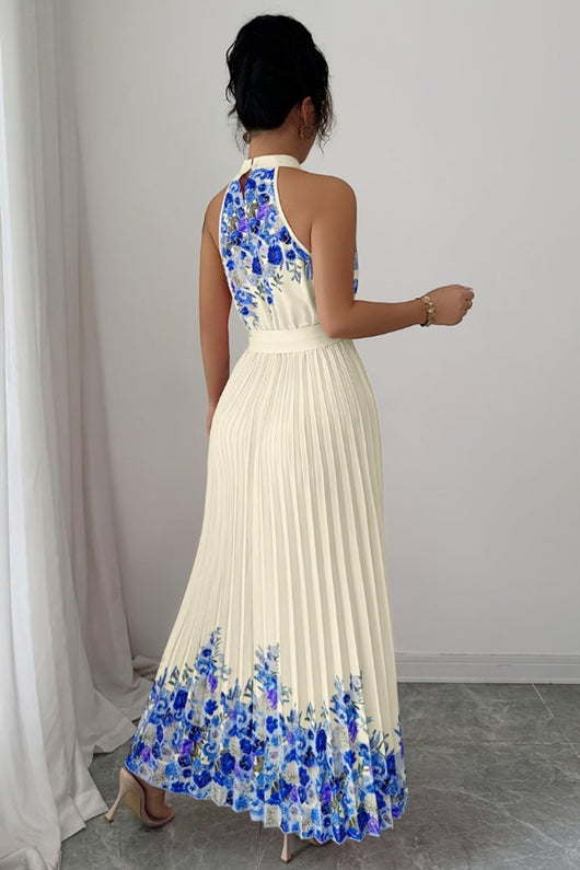 Emilia | Damen Geblümtes Plissee-Neckholder Midi-Kleid