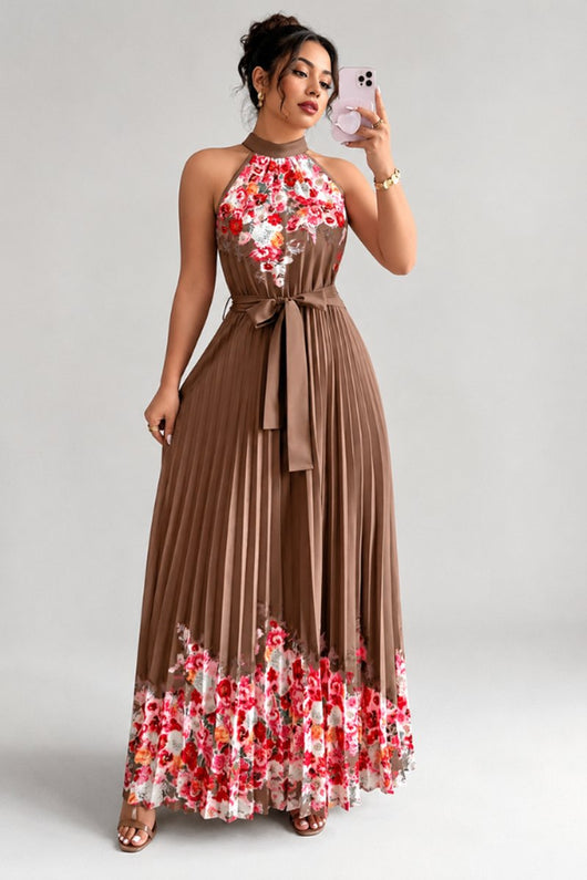 Emilia | Damen Geblümtes Plissee-Neckholder Midi-Kleid