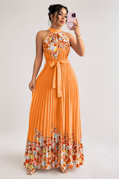 Emilia | Damen Geblümtes Plissee-Neckholder Midi-Kleid