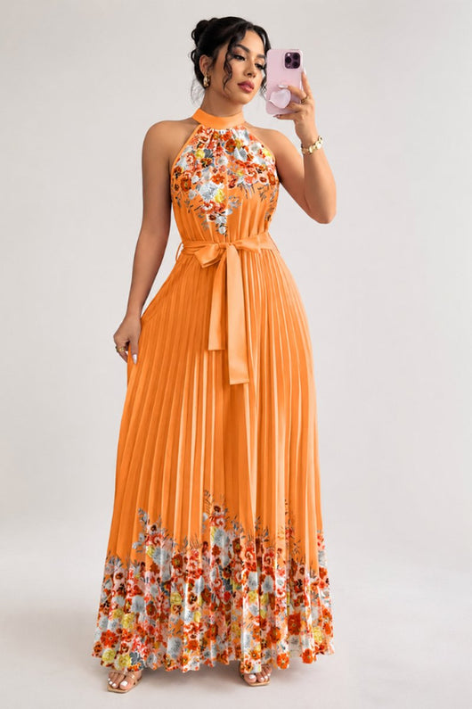 Emilia | Damen Geblümtes Plissee-Neckholder Midi-Kleid