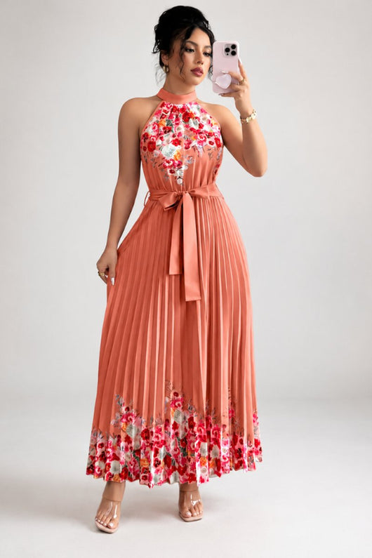 Emilia | Damen Geblümtes Plissee-Neckholder Midi-Kleid