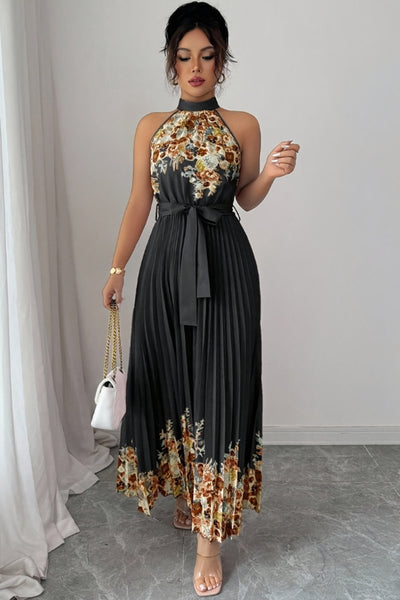 Emilia | Damen Geblümtes Plissee-Neckholder Midi-Kleid