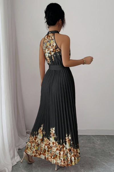 Emilia | Damen Geblümtes Plissee-Neckholder Midi-Kleid