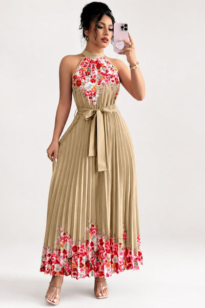 Emilia | Damen Geblümtes Plissee-Neckholder Midi-Kleid