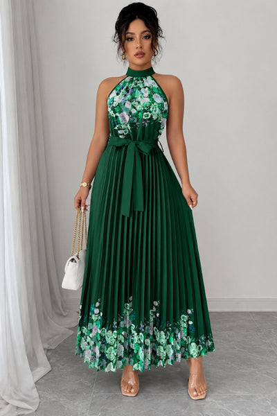 Emilia | Damen Geblümtes Plissee-Neckholder Midi-Kleid