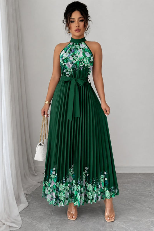 Emilia | Damen Geblümtes Plissee-Neckholder Midi-Kleid