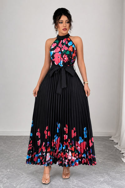 Emilia | Damen Geblümtes Plissee-Neckholder Midi-Kleid