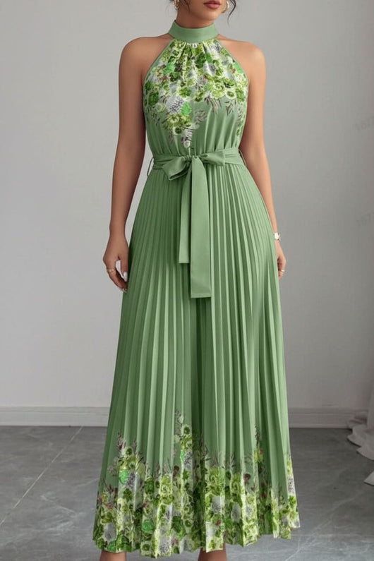 Emilia | Damen Geblümtes Plissee-Neckholder Midi-Kleid