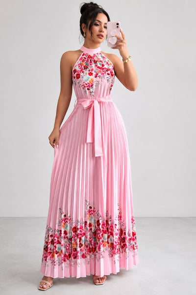 Emilia | Damen Geblümtes Plissee-Neckholder Midi-Kleid