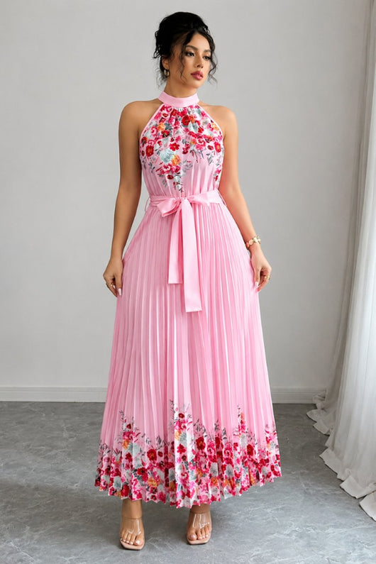 Emilia | Damen Geblümtes Plissee-Neckholder Midi-Kleid