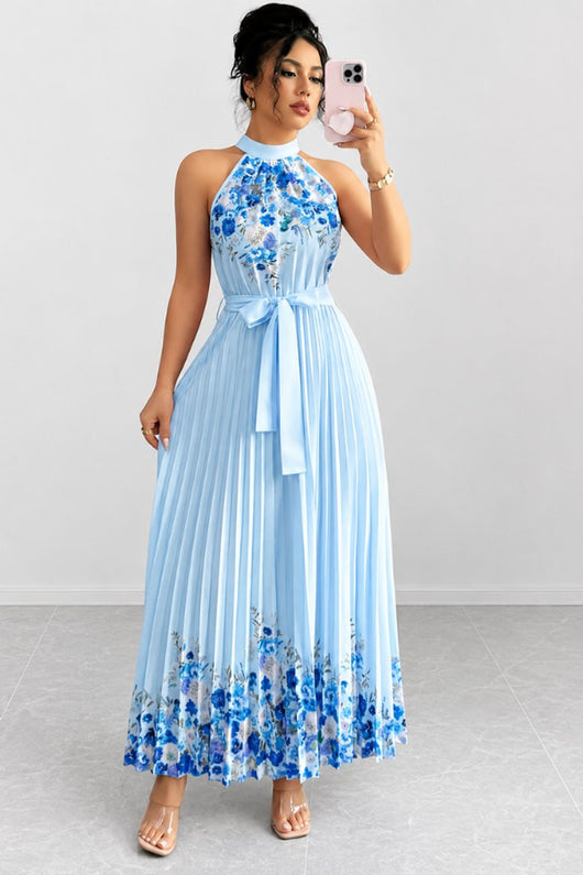 Emilia | Damen Geblümtes Plissee-Neckholder Midi-Kleid