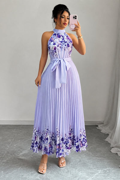 Emilia | Damen Geblümtes Plissee-Neckholder Midi-Kleid