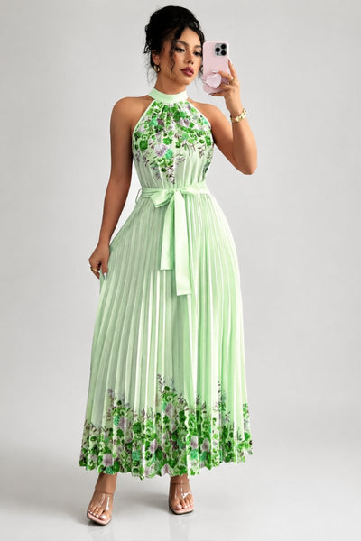 Emilia | Damen Geblümtes Plissee-Neckholder Midi-Kleid
