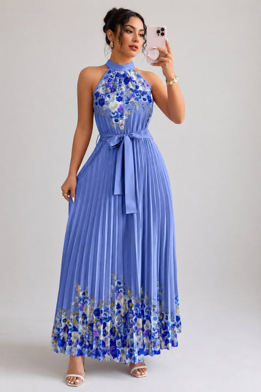 Emilia | Damen Geblümtes Plissee-Neckholder Midi-Kleid