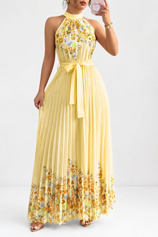 Emilia | Damen Geblümtes Plissee-Neckholder Midi-Kleid