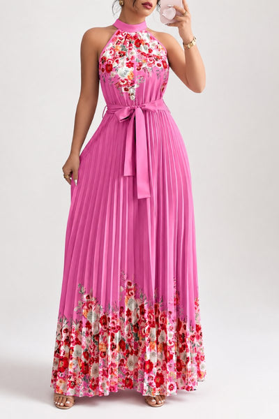 Emilia | Damen Geblümtes Plissee-Neckholder Midi-Kleid
