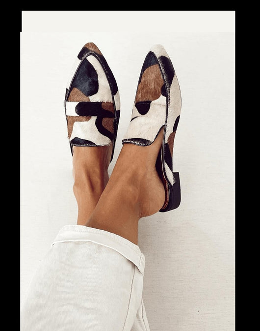 Leonie | Damen Gemusterte Fell-Loafers Slip-On Mules mit Tiermuster