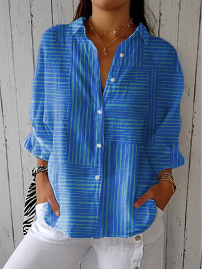 Mia | Damen Geometrische Streifen Langarm V-Ausschnitt Bluse