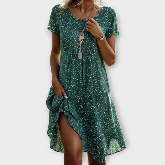 Emilia | Damen gepunktetes Kurzarm A-Linien Midi Dress fließend