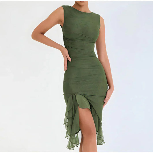 Elfriede | Damen Gerafftes Midikleid mit Chiffon-Rüschensaum