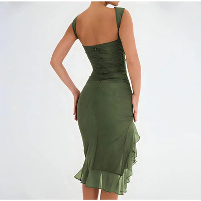 Elfriede | Damen Gerafftes Midikleid mit Chiffon-Rüschensaum