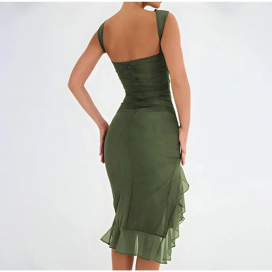 Elfriede | Damen Gerafftes Midikleid mit Chiffon-Rüschensaum