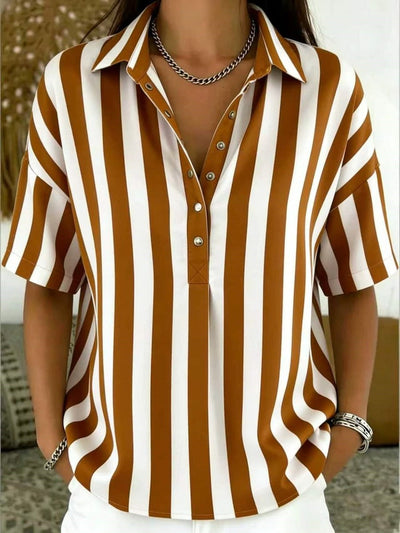 Emilia | Damen Gestreifte Relaxed-Fit Kurzarm-Bluse mit Polokragen