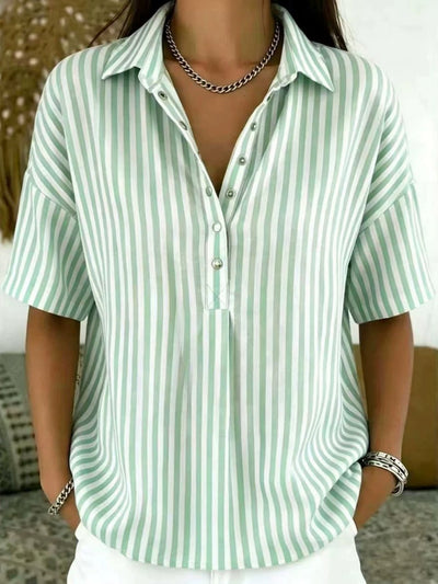 Emilia | Damen Gestreifte Relaxed-Fit Kurzarm-Bluse mit Polokragen