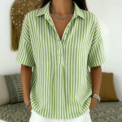 Emilia | Damen Gestreifte Relaxed-Fit Kurzarm-Bluse mit Polokragen