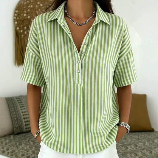 Emilia | Damen Gestreifte Relaxed-Fit Kurzarm-Bluse mit Polokragen