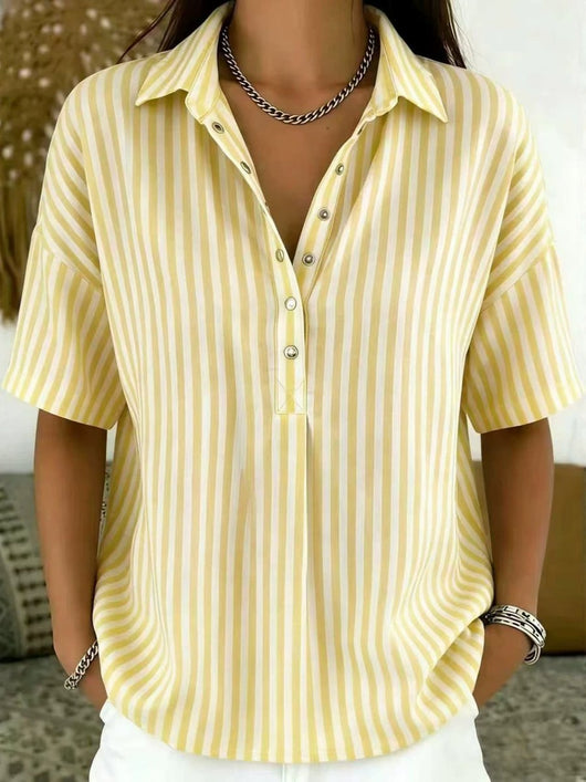 Emilia | Damen Gestreifte Relaxed-Fit Kurzarm-Bluse mit Polokragen